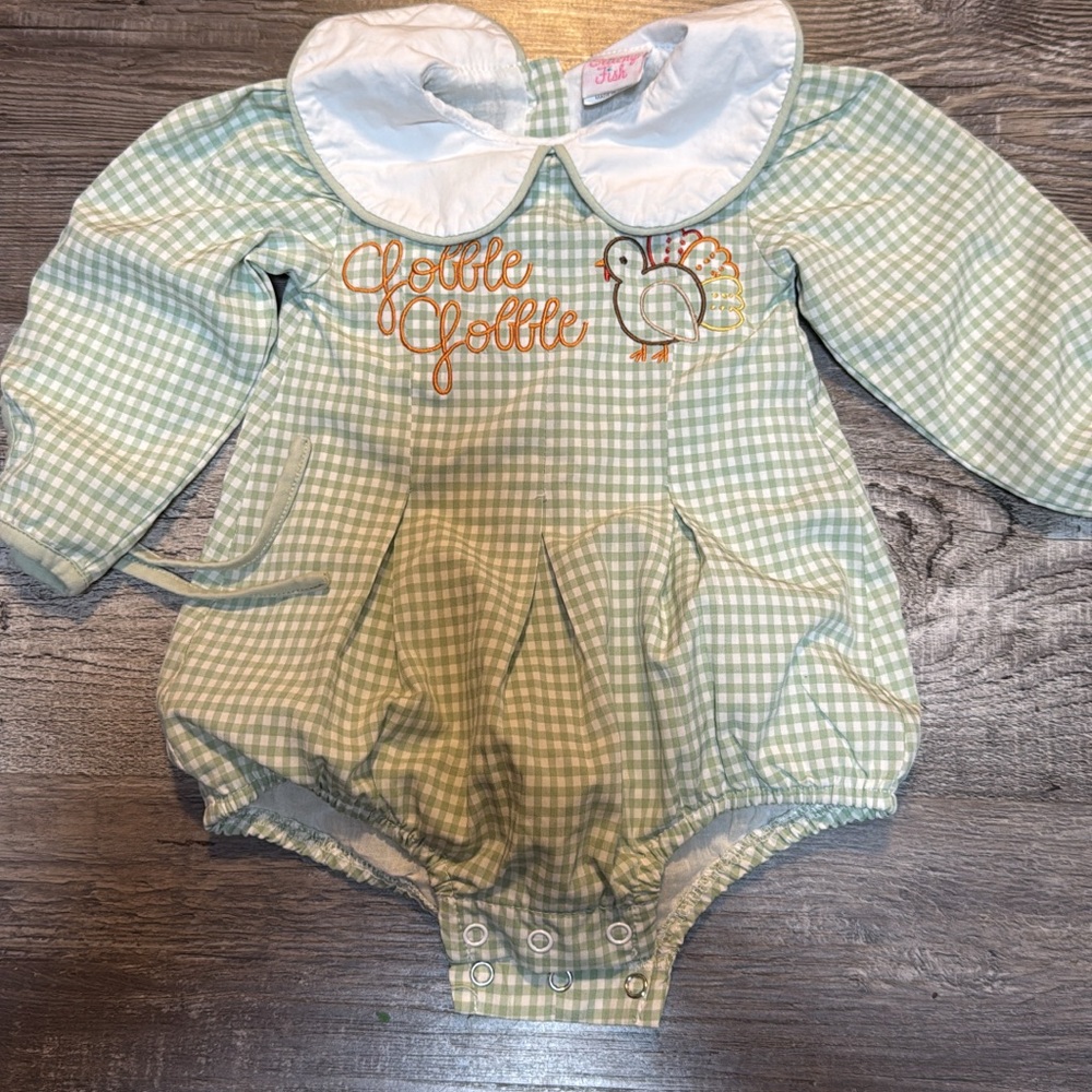 Green Gingham Baby Romper with Embroidered Turkey
